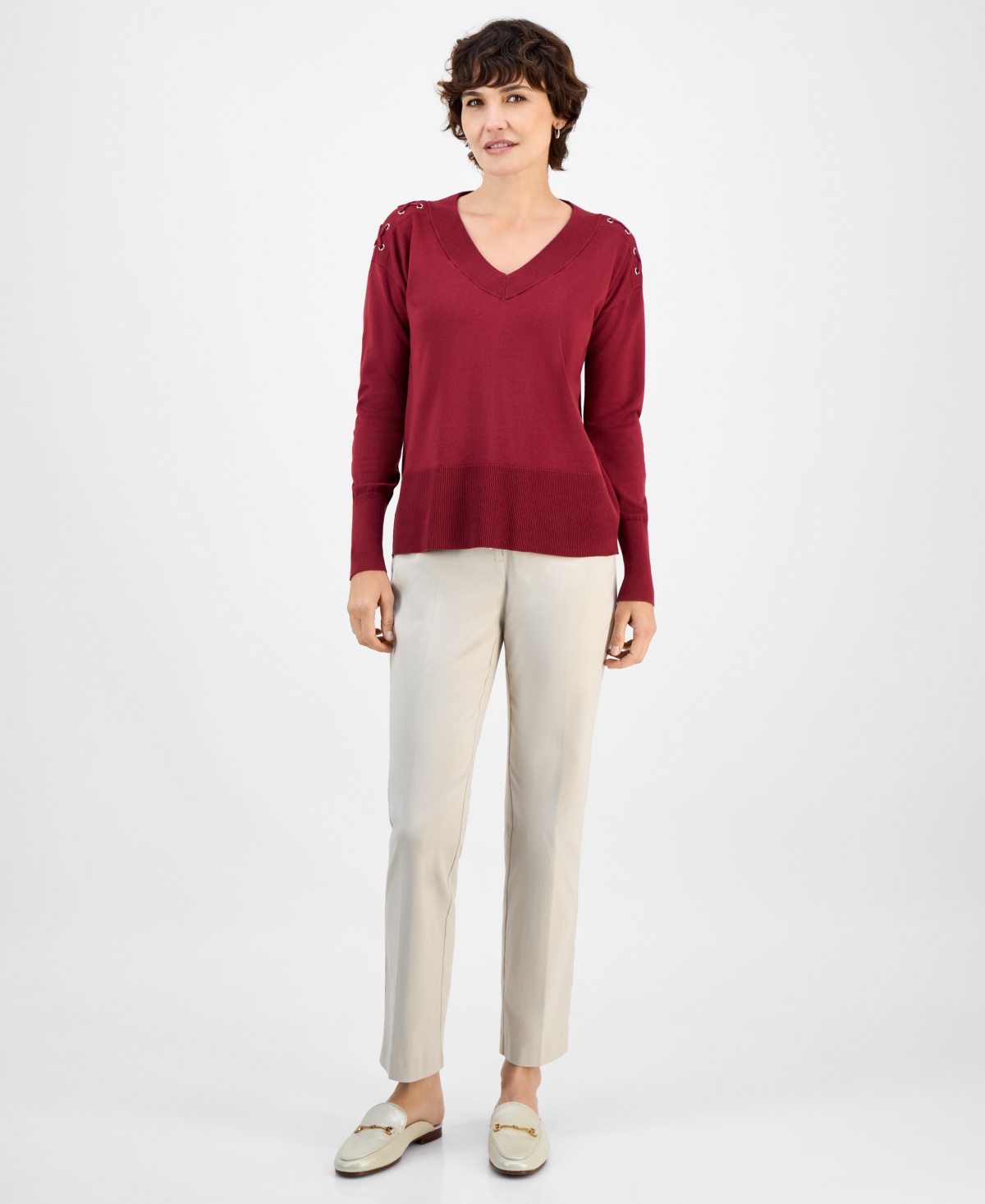 Jm Collection Women's Lace-up Shoulder V-neck Sweater, Exclusively At Macy's In Burgundy