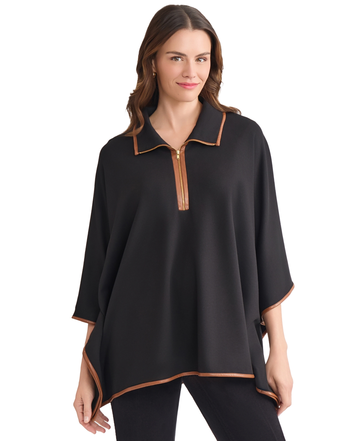Jones New York Plus Size Faux-leather-trim Quarter-zip Poncho In Black