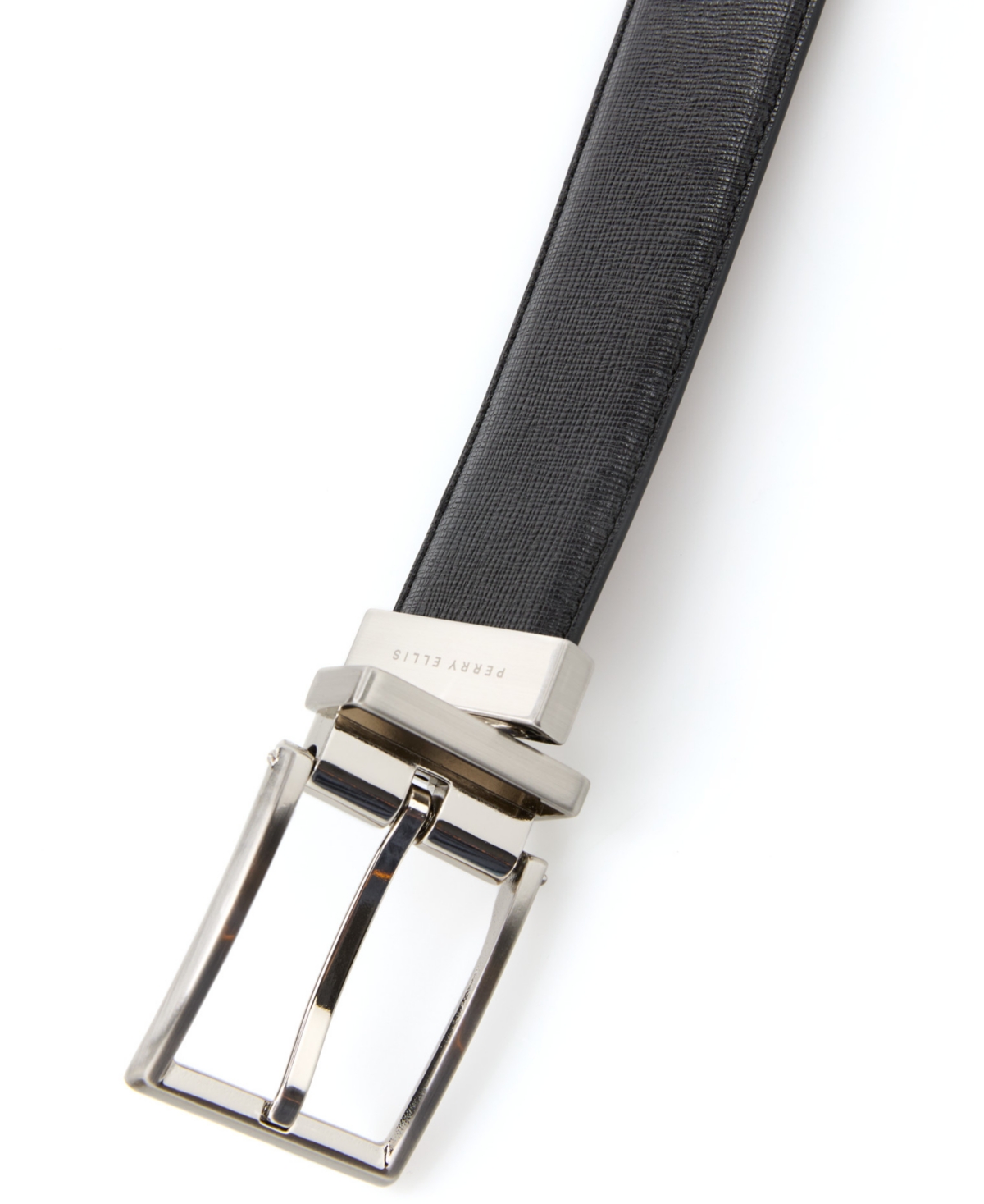 Perry Ellis Portfolio Men's Safiano Reversible Textured Nickel Buckle Dress Belt In Black