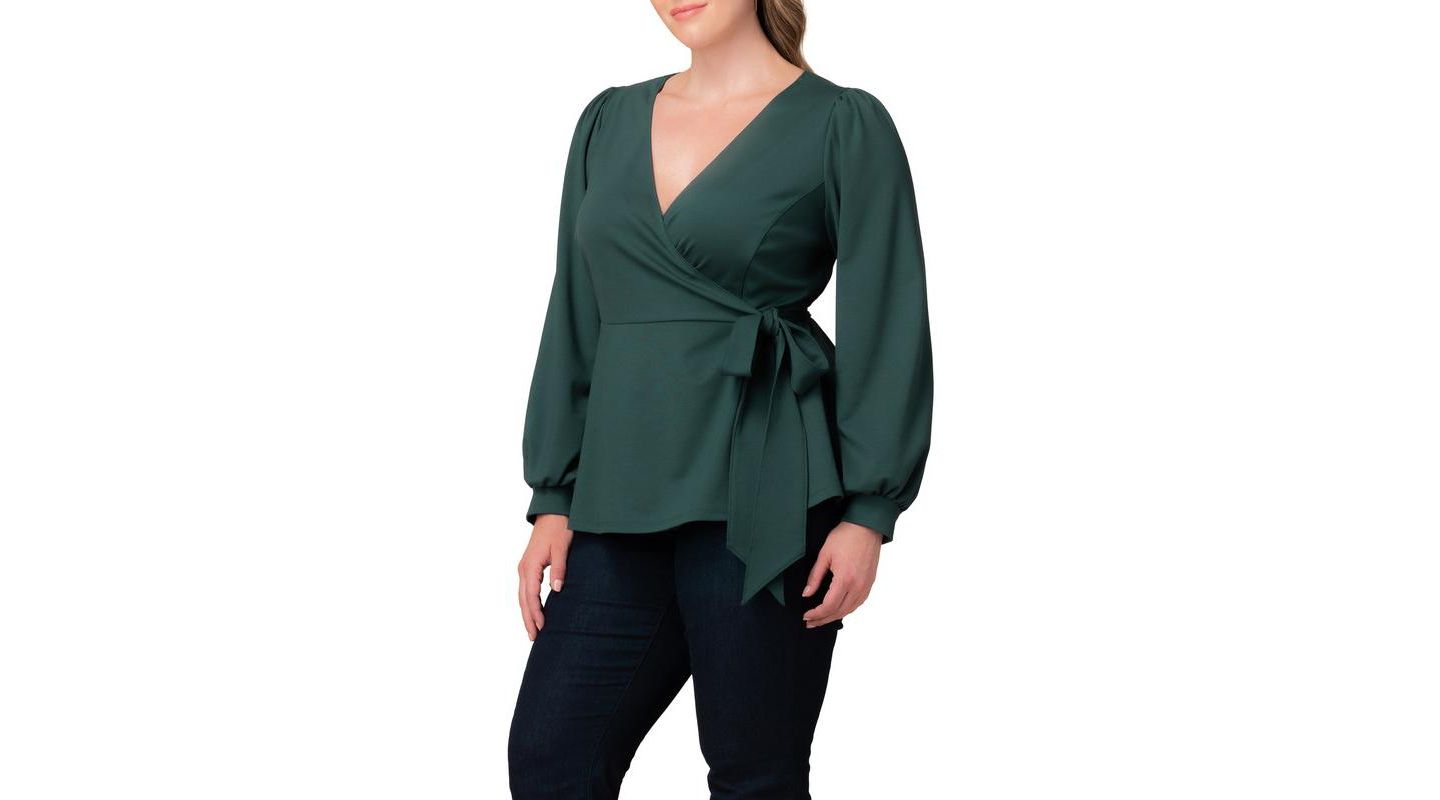 Женский топ Kiyonna Plus Size Natasha Long Sleeve Wrap, цвет: Тёмно-зелёный — фото 4
