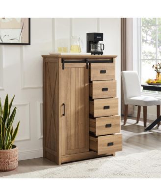 Farmhouse Modern Sliding Barn Door Cabinet with 5 Chest Drawers