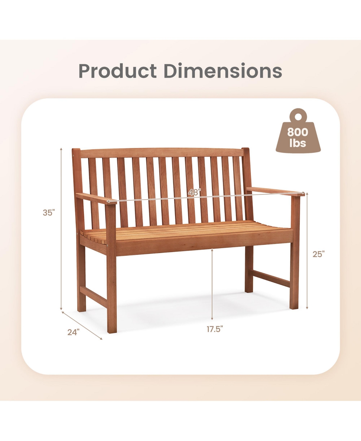Gymax Patio Wood Bench 2-Seat Outdoor Bench w/ Cozy Armrests & Backrest