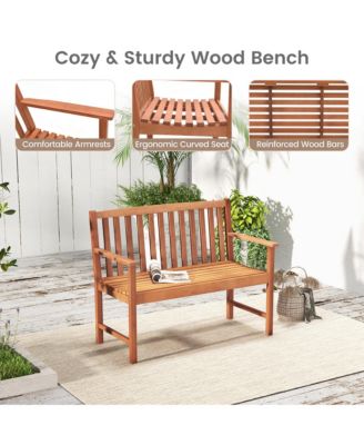 Patio Wood Bench 2-Seat Outdoor Bench w/ Cozy Armrests & Backrest