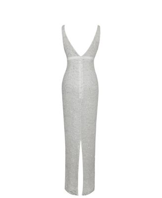 Women's Adelaide White Beaded Sequin Net Bodycon Gown