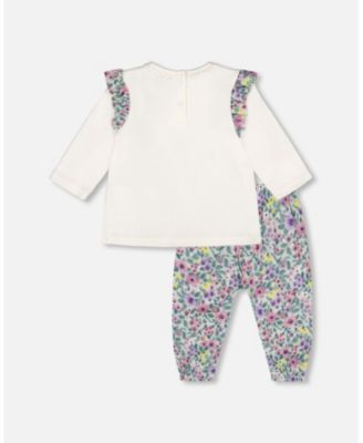 Baby Girls Cotton Off-White Top and Muslin Pants Set