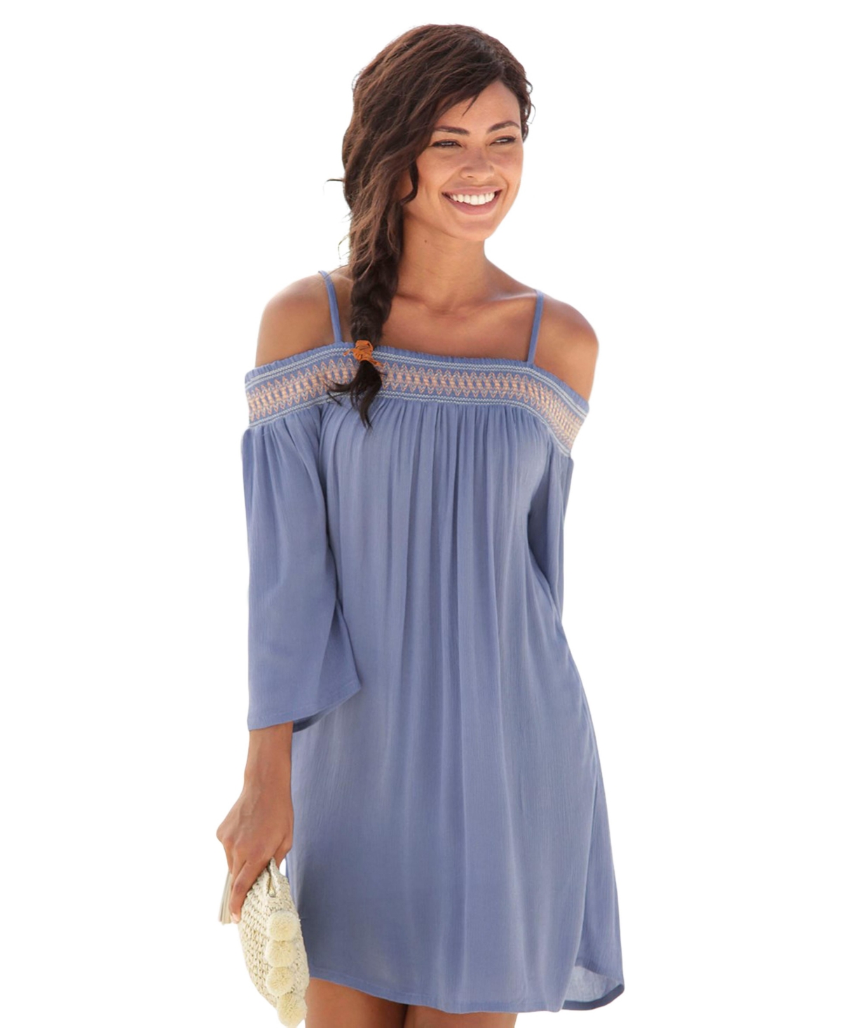 Women's Embroidered Cold Shoulder Dress - Smokey blue