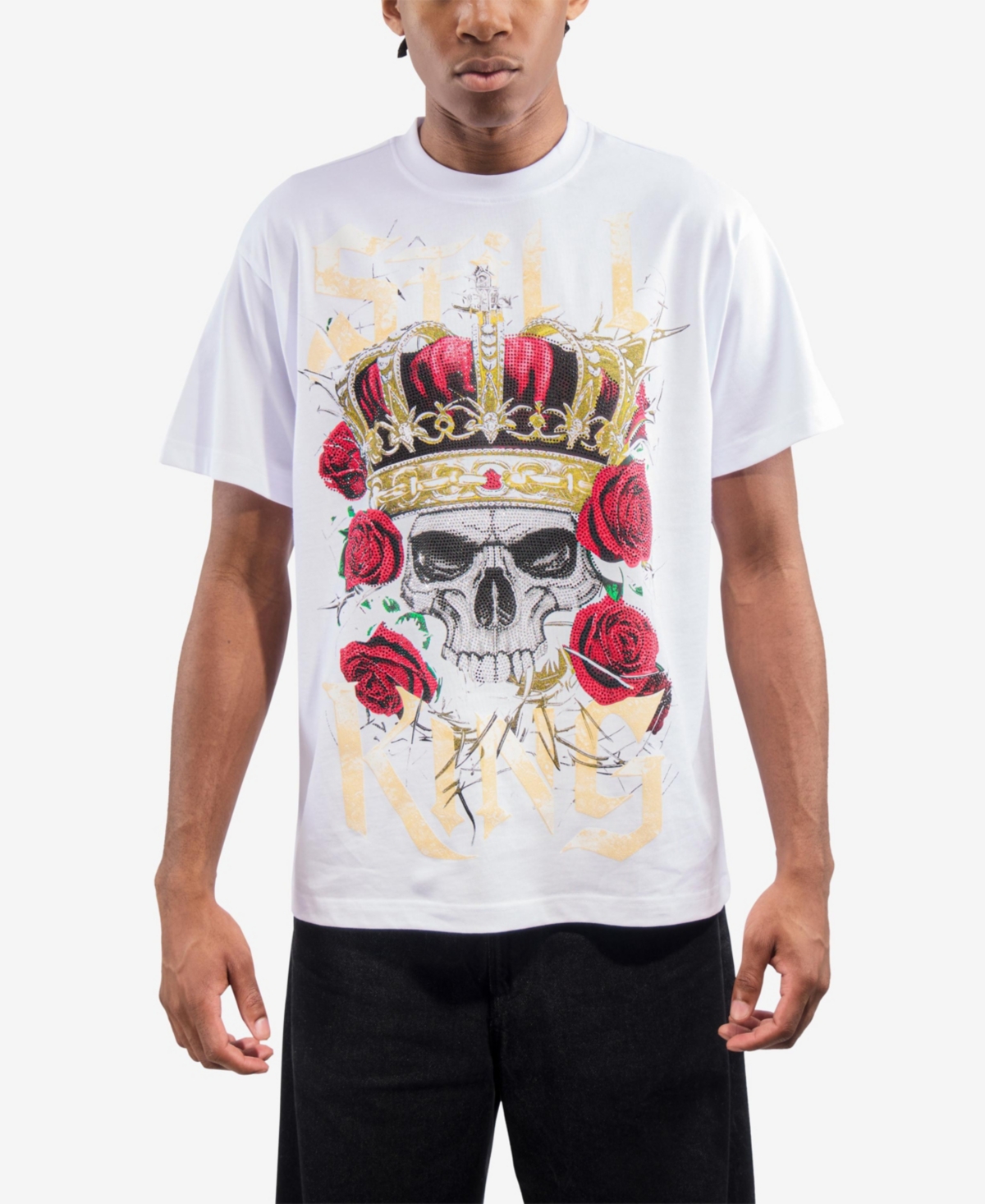 Men's Oversized Rhinestone Graphic T-Shirt - White king skull and roses
