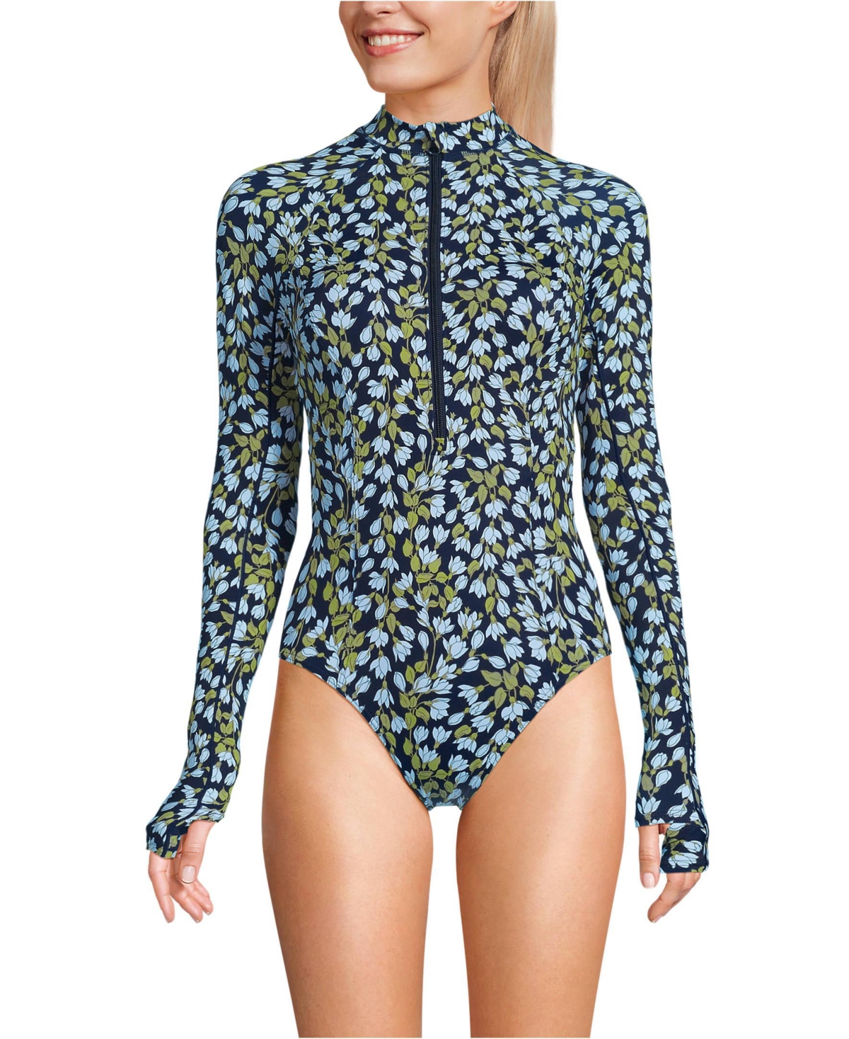 Women's Tugless Long Sleeve Rash Guard One Piece Swimsuit - Navy mini bloom floral
