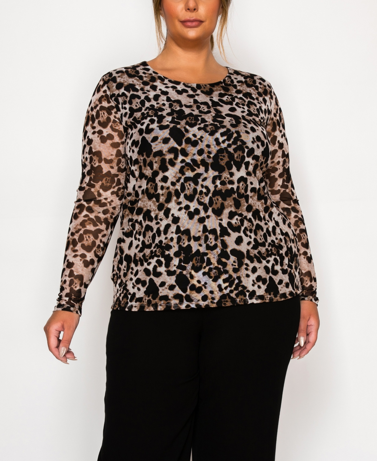 Coin 1804 Plus Size Leopard Mesh Scoop Neck Long Sleeve Top In Gray