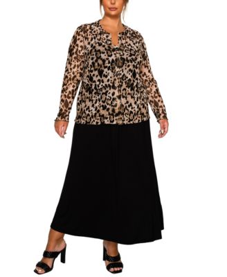 Plus Size Leopard Mesh Button Front Long Sleeve Top