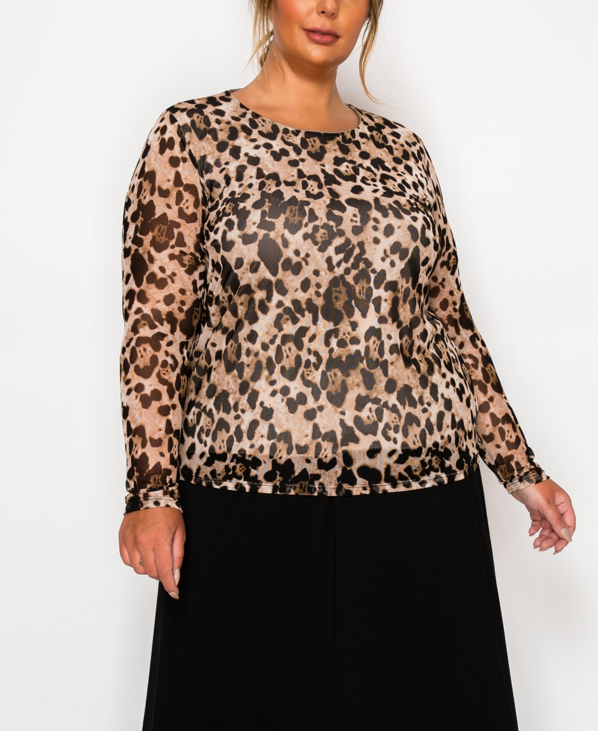 Coin 1804 Plus Size Leopard Mesh Scoop Neck Long Sleeve Top In Brown