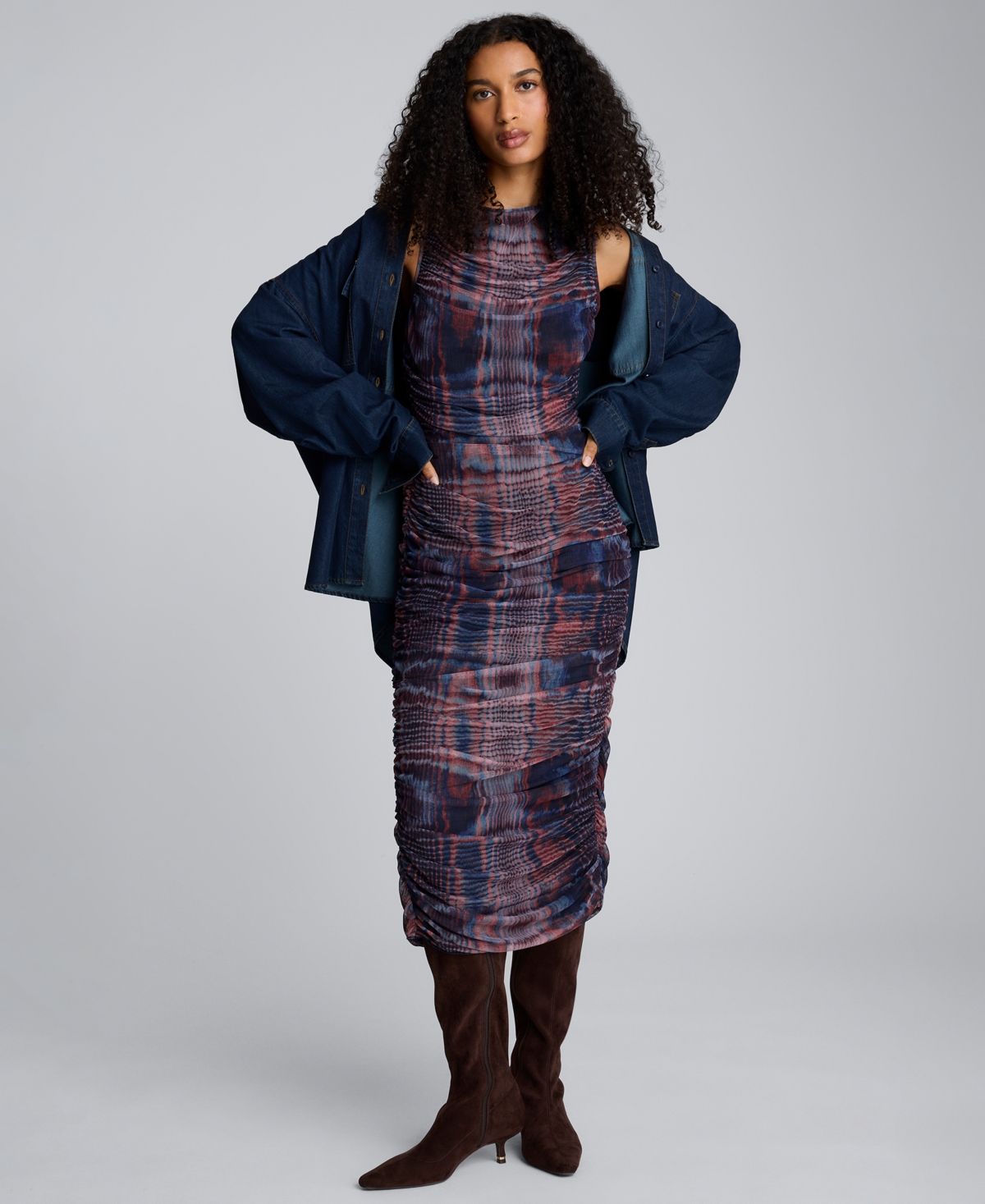 Kenneth Cole Printed Mesh Fully Ruched Modern Midi Dress In Multi