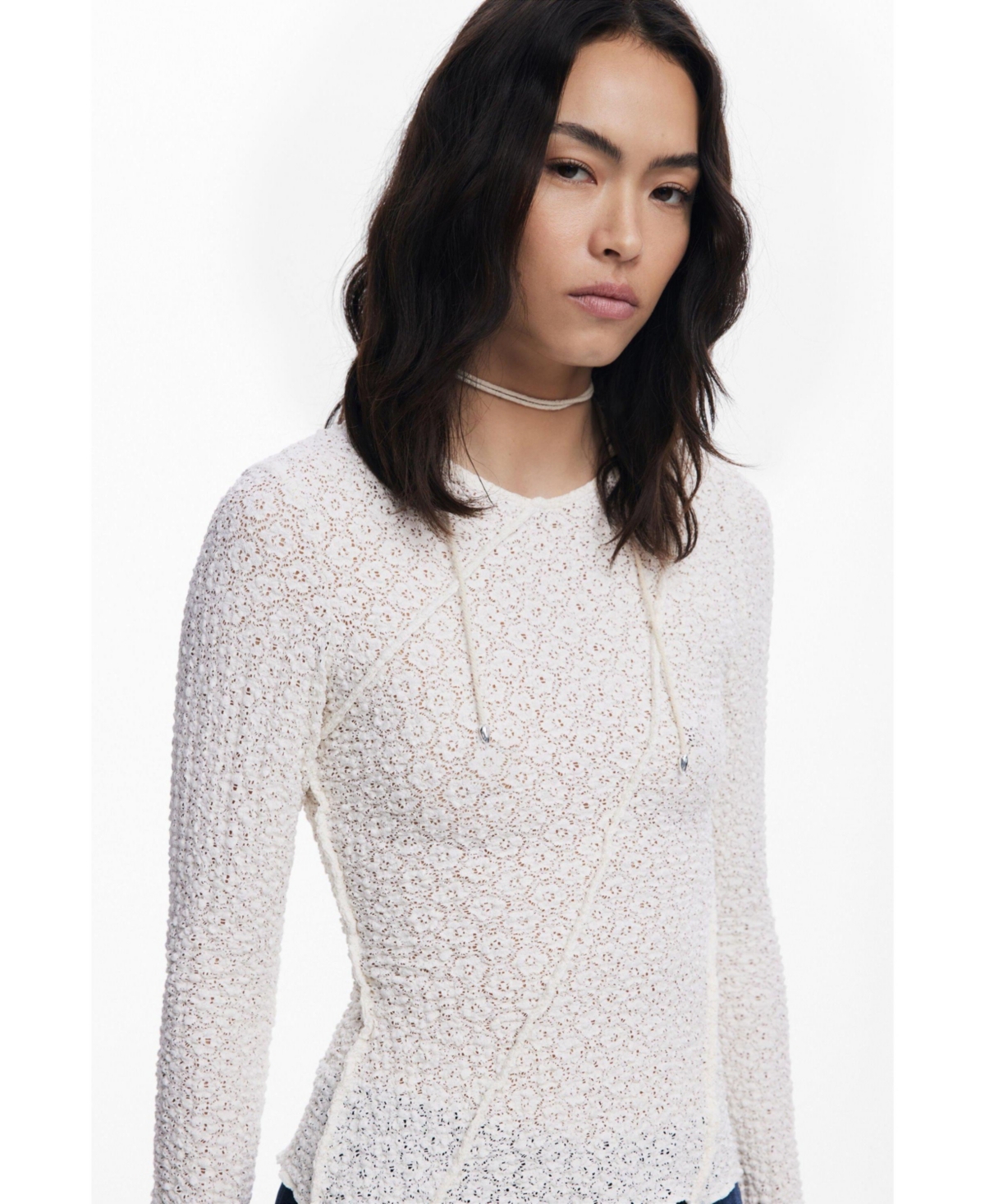 Desigual Stretch Lace T-shirt Long Sleeve T-shirt In White