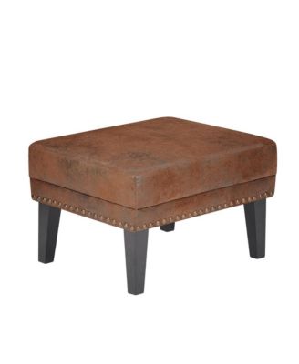 Vintage Upholstered Ottoman with Nailhead Trim, Distressed Brown Footstool with Solid Wood Legs-The Pop Home