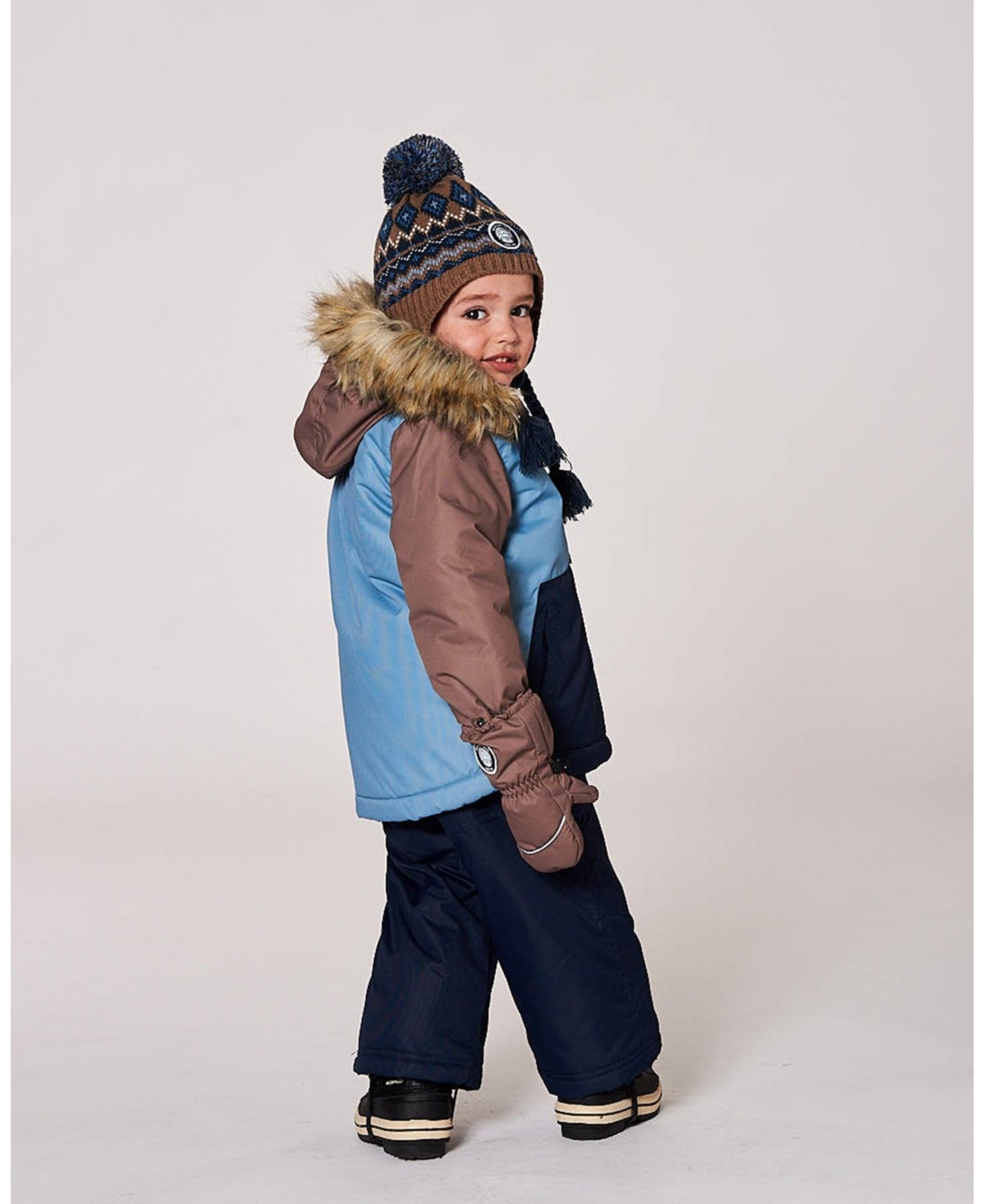 Deux par Boy Lined Peruvian Knit Pompom Hat Taupe and Navy - Toddler|Child