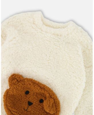 Girl Plush Tunic Off-White with Bear Pocket - Toddler|Child