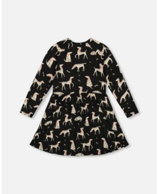 Toddler Girls Half Button Jersey Dress Black Dalmatian Print - Toddler|Child