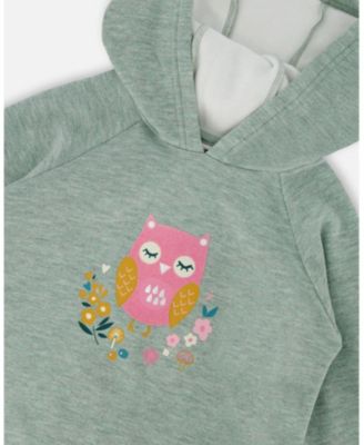 Girl Hooded Tunic Sage Green with Owl Print - Toddler|Child