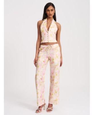 Women Lauren Pink Floral Print Ruched Back Linen Suit Vest