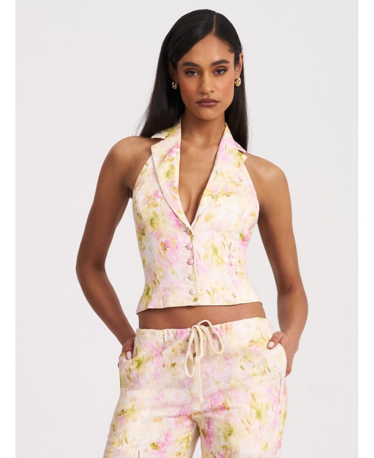 Women Lauren Pink Floral Print Ruched Back Linen Suit Vest - Pink floral print
