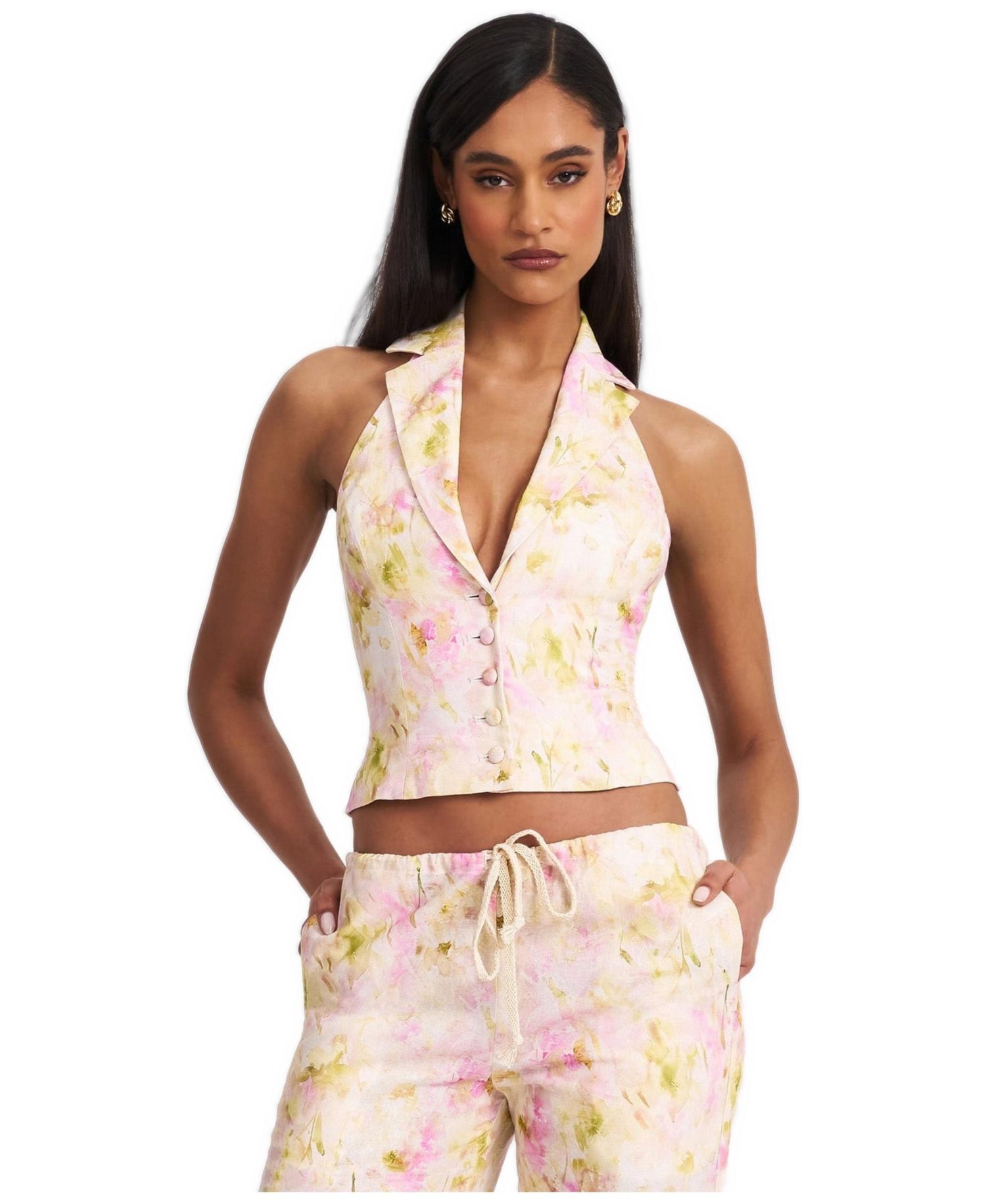 Women Lauren Pink Floral Print Ruched Back Linen Suit Vest