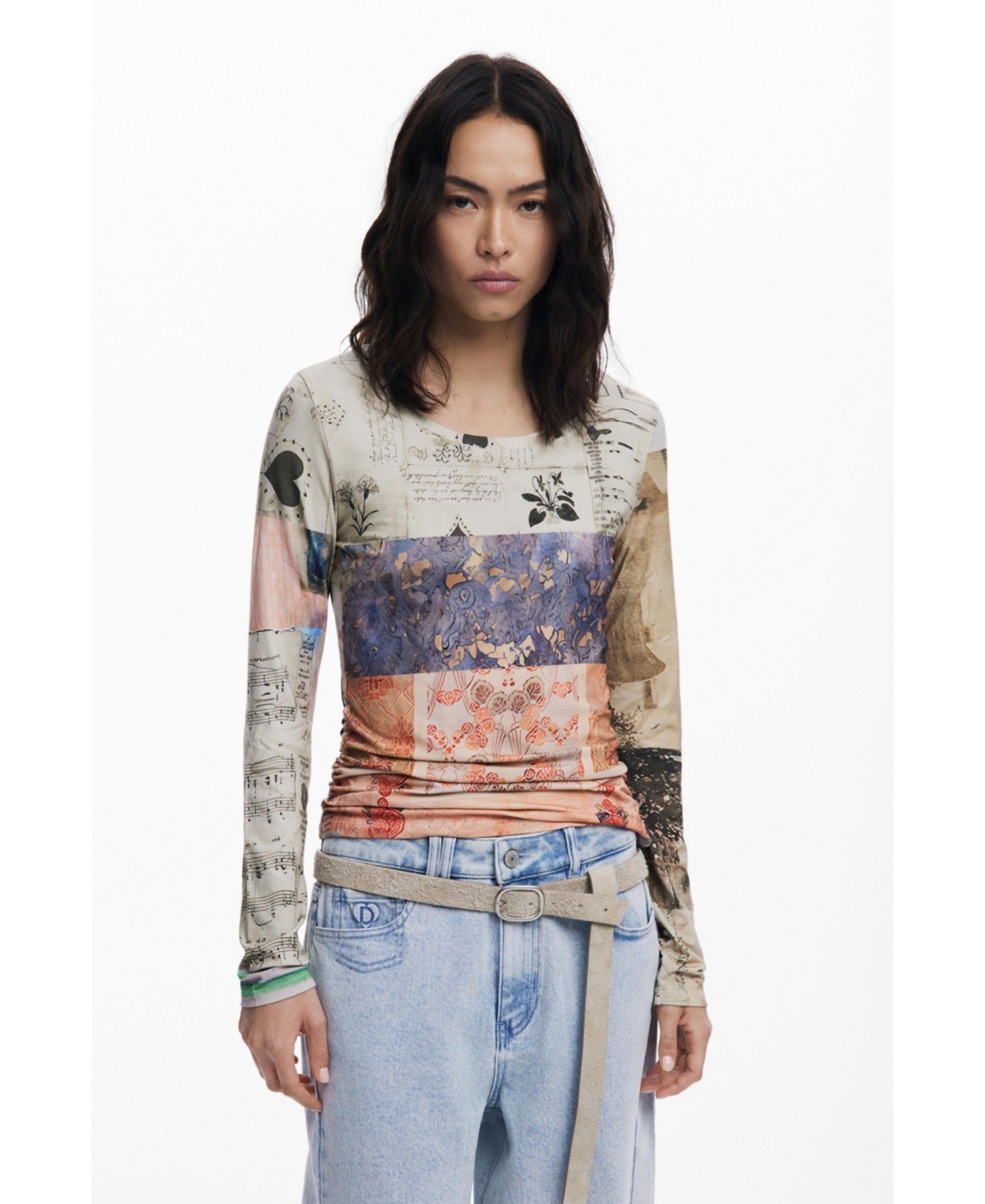 Desigual Pieced Print Long Sleeve T-shirt In Blue