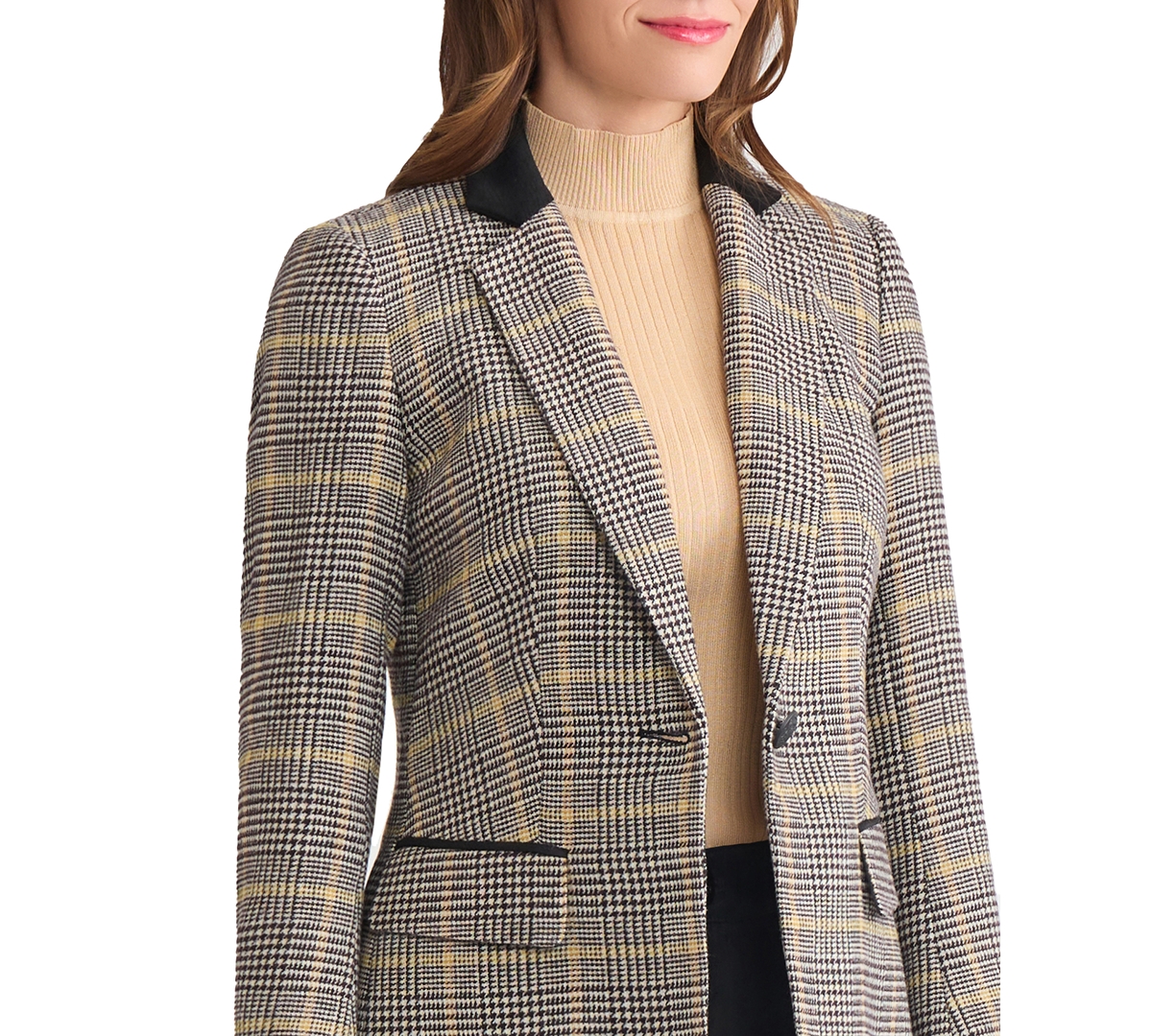 Jones New York Plaid Elbow Patch Blazer In Brown