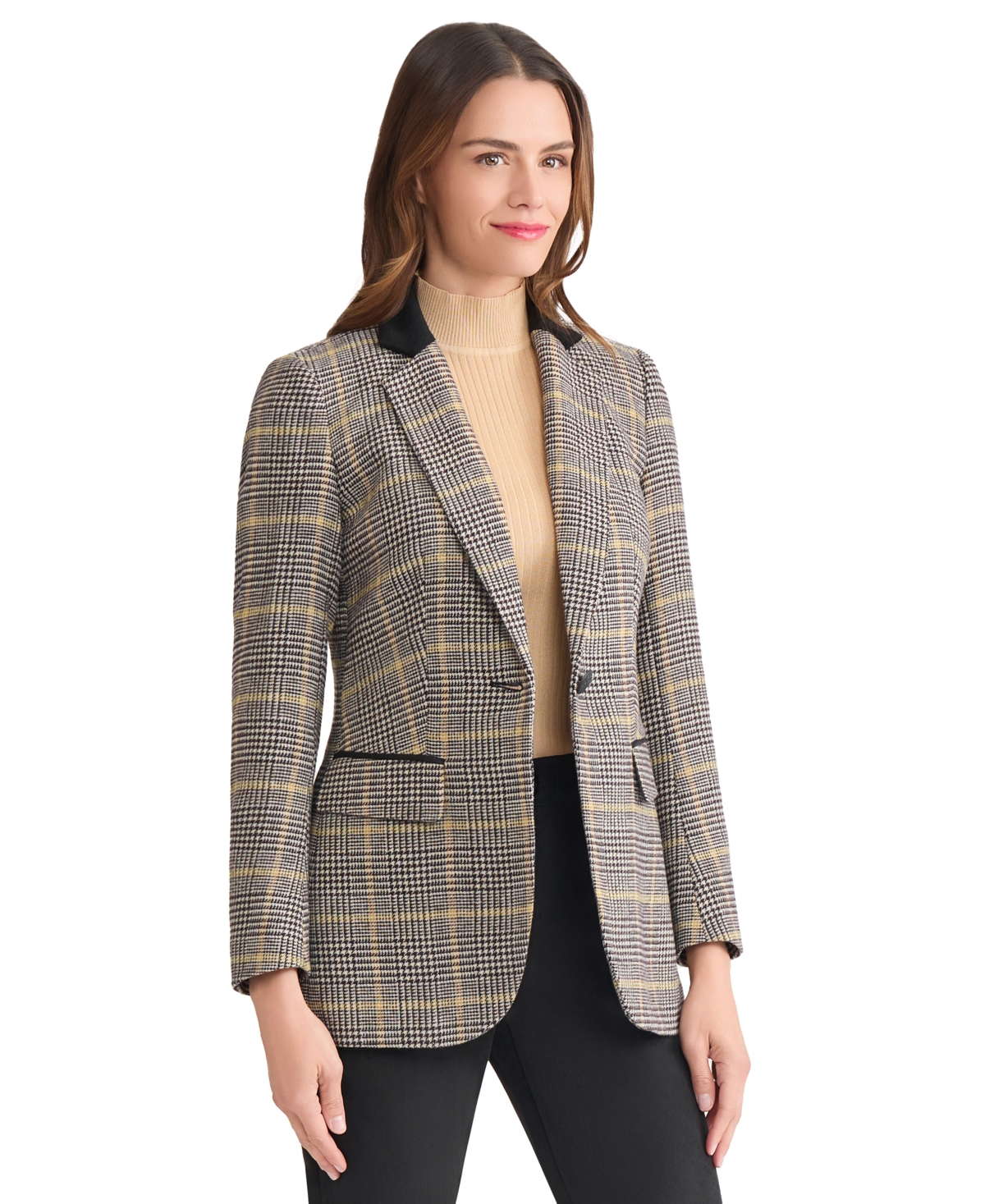Jones New York Plaid Elbow Patch Blazer In Brown