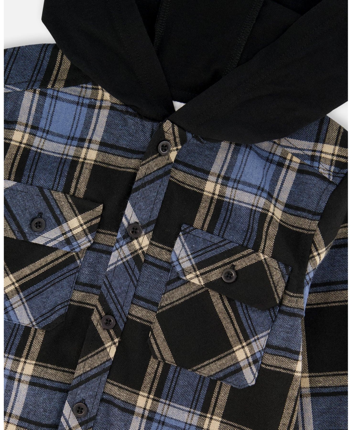 Deux par Boy Long Sleeve Hooded Flannel Shirt Blue and Black