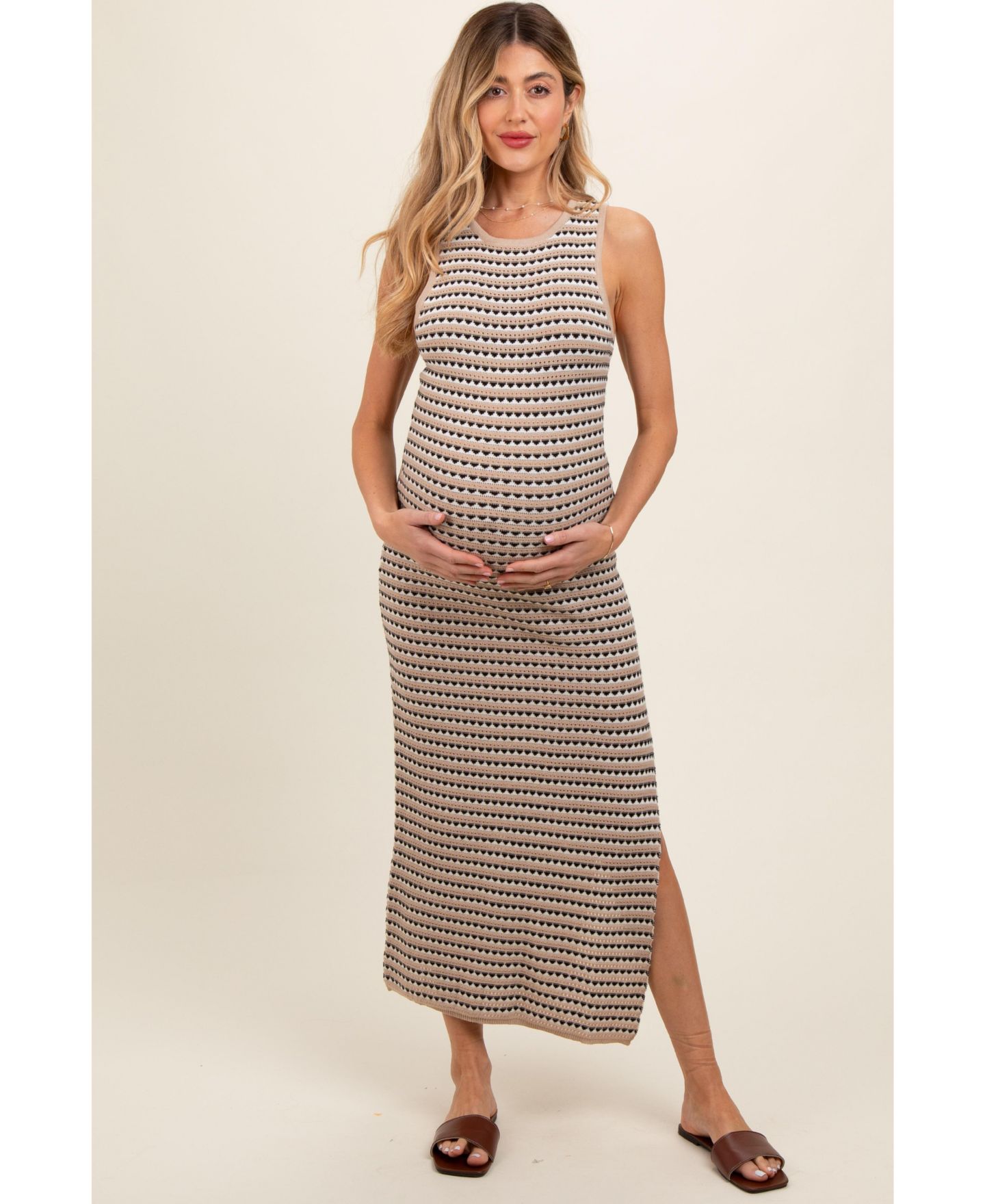 Женское платье Pinkblush Beige Striped Knit Fitted Sleeveless Maxi, цвет: Бежевый — фото 8