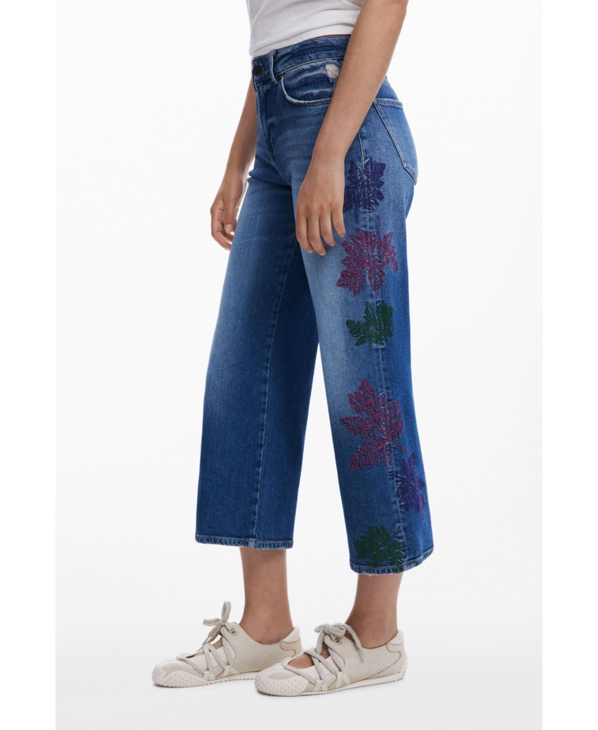 Desigual Leaf Embroidered Crop Wide Leg Jeans In Blue