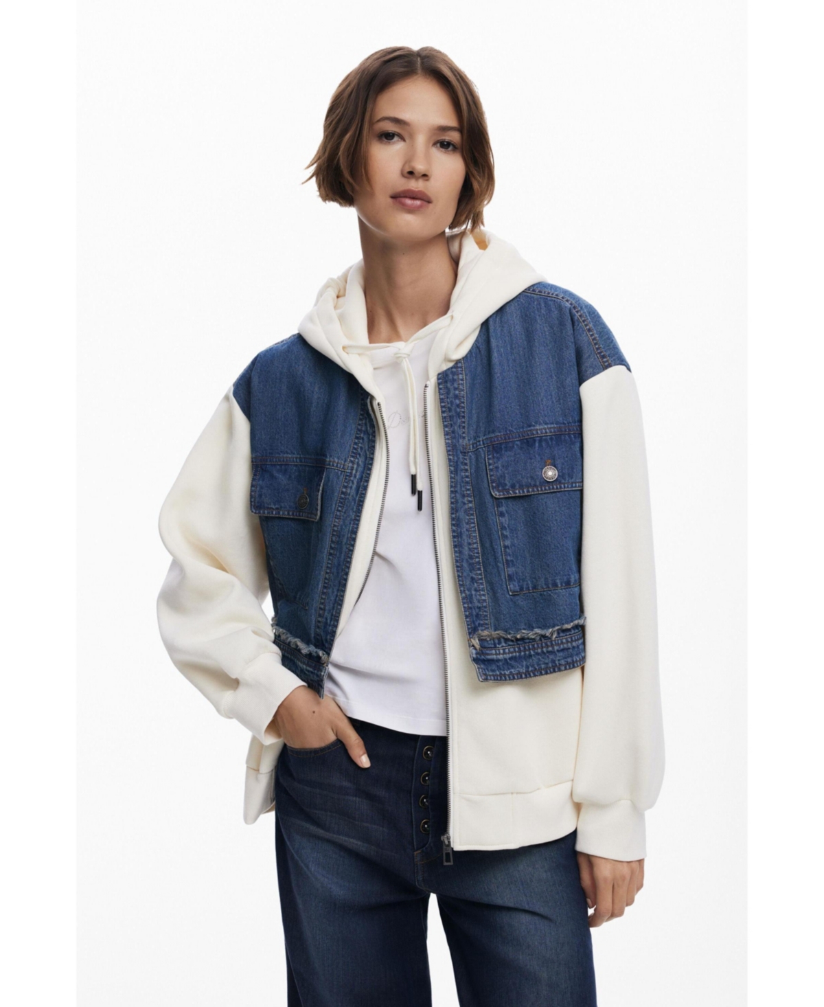Desigual Denim Combo Full Zip Hoodie In Blue