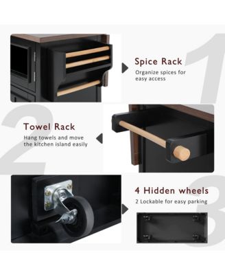 54.9" Kitchen Island with Drop Leaf, Power Outlet, Storage Cart with Glass & Barn Doors, 4 Shelves&Wheels (No Stools)