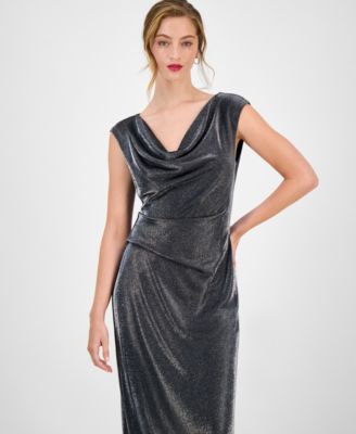 Women's Knit Draped-Neck Metallic Gown