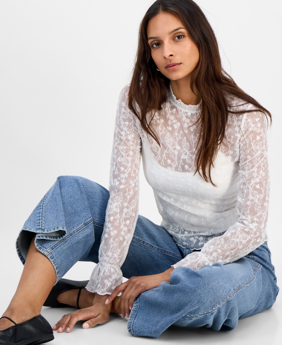 And Now This Women's Embroidered Mesh Mock Neck Top, Macy's Exclusive In White