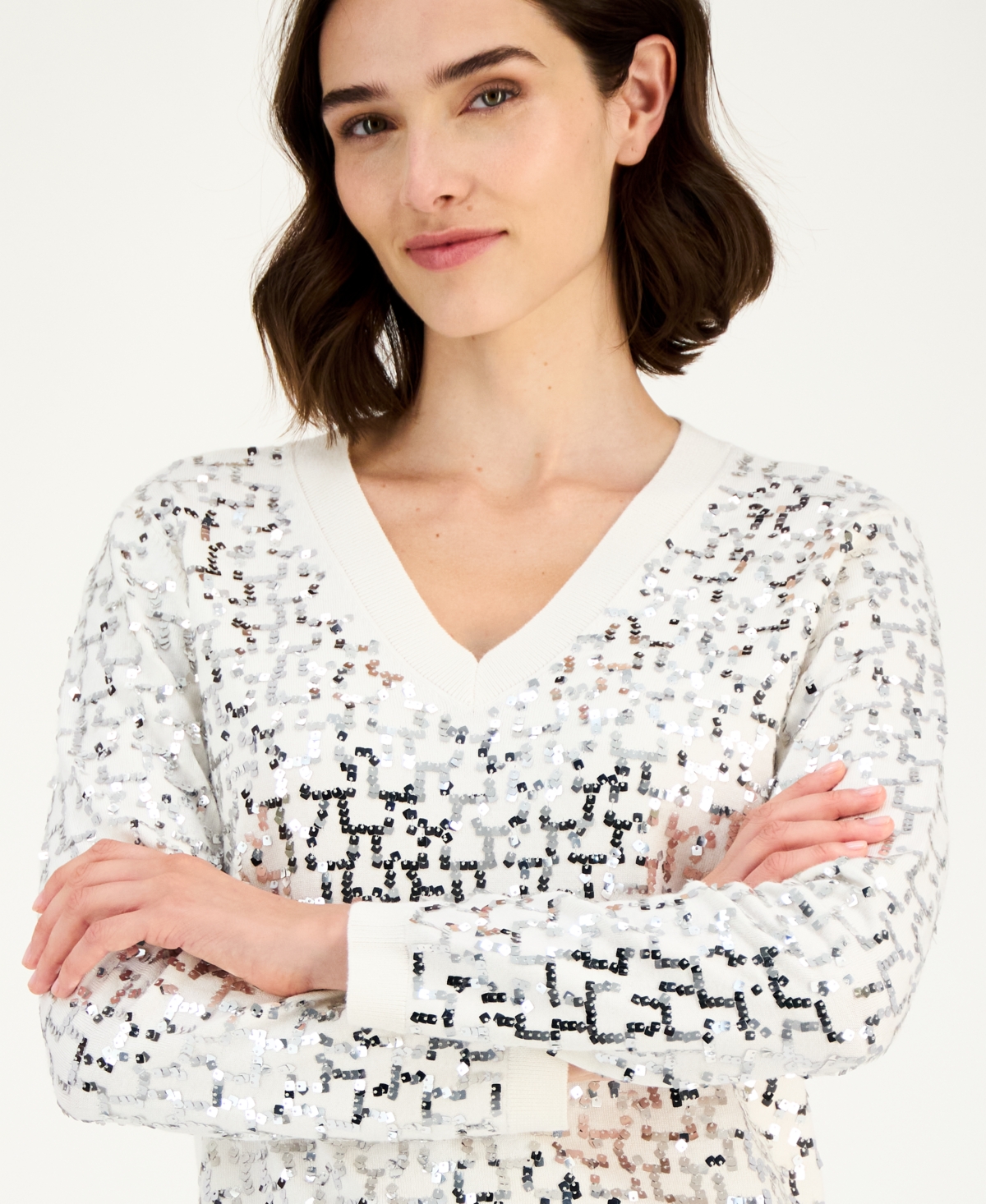 Anne Klein Women's Zig-zag Sequin Sweater In Metallic