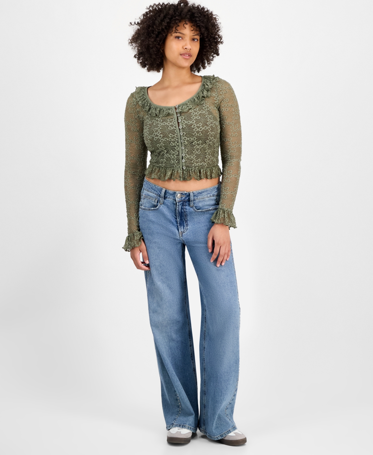 And Now This Women's Ruffle-trim Stretch-lace Crop Top, Macy's Exclusive In Green