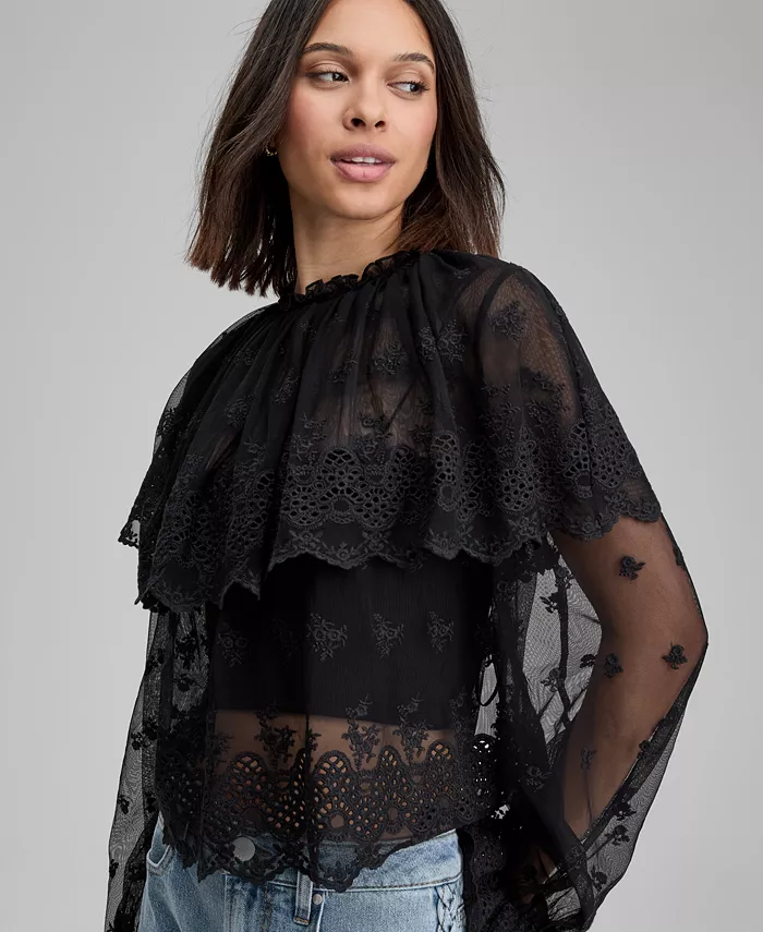 Women's Sheer Embroidered Capelet Blouse - thumbnail 5