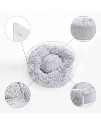 Bette 20.75" x 20.75" Small/Medium Modern Acrylic Calming Fluffy Donut Pet Bed with Washable Cover, Light Gray/Clear