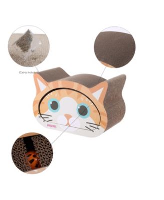 Opal 19" Modern Cardboard Happy Cat Head 2-in-1 Cat Cave Scratcher with Built-In Bell Toys and Catnip