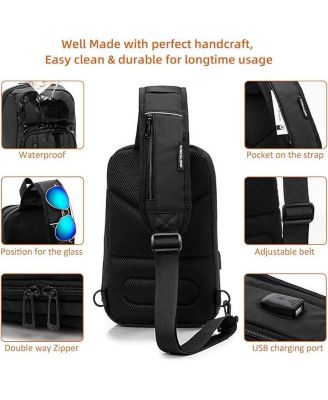 14 inch Sling Bag for Men,Black Crossbody Bag with USB Charging Port Fits 10.2inch iPad, Casual