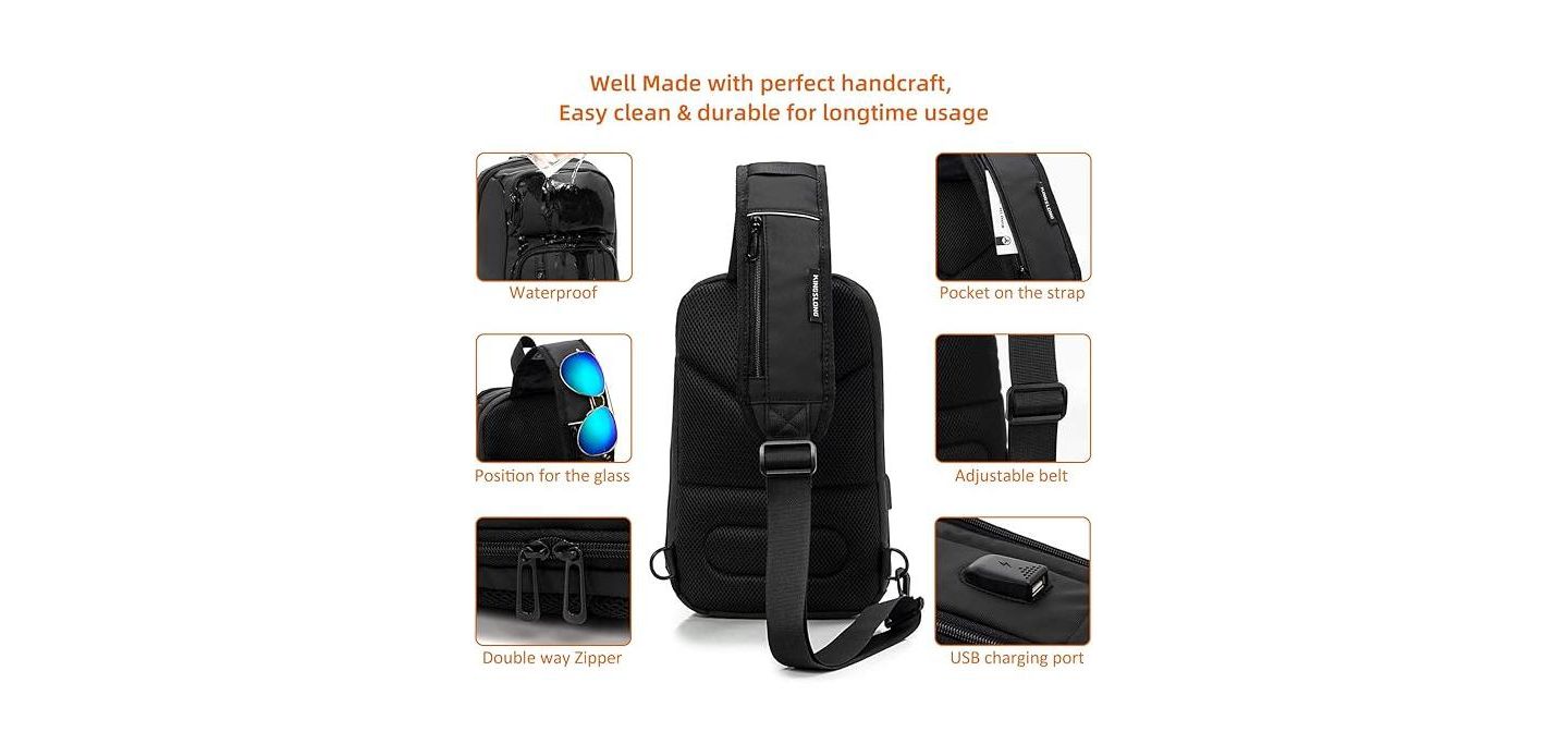 Мужская сумка Wosofe 14 inch Sling Bag for Men, Black Crossbody Bag with USB Charging Port Fits 10.2inch iPad, Casual, цвет: Чёрный — фото 4