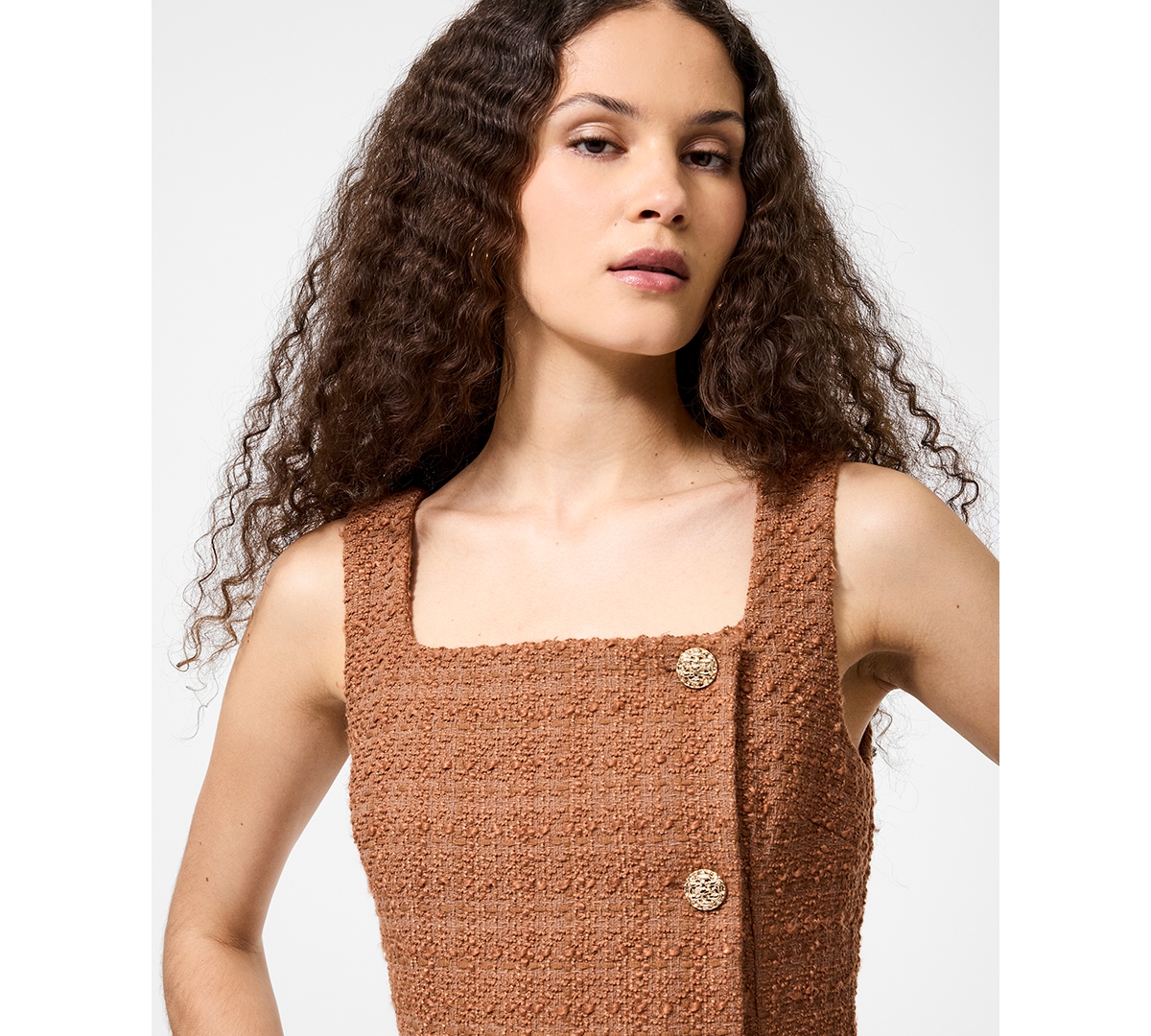 French Connection Structured Tweed Square Neck Minidress In Brown