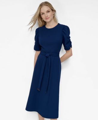 Women's Ruched-Sleeve Belted Fit and Flare Midi Dress
