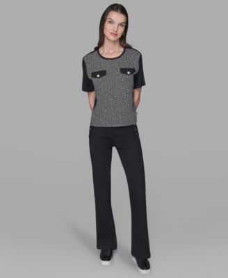 KARL LAGERFELD PARIS Women's Tweed Pocket Knit Short Sleeve