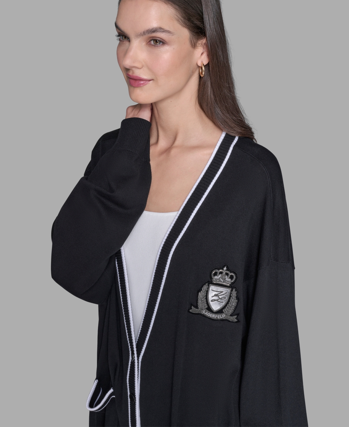 Karl Lagerfeld Women's Patch Button Front Cardigan Sweater In Black