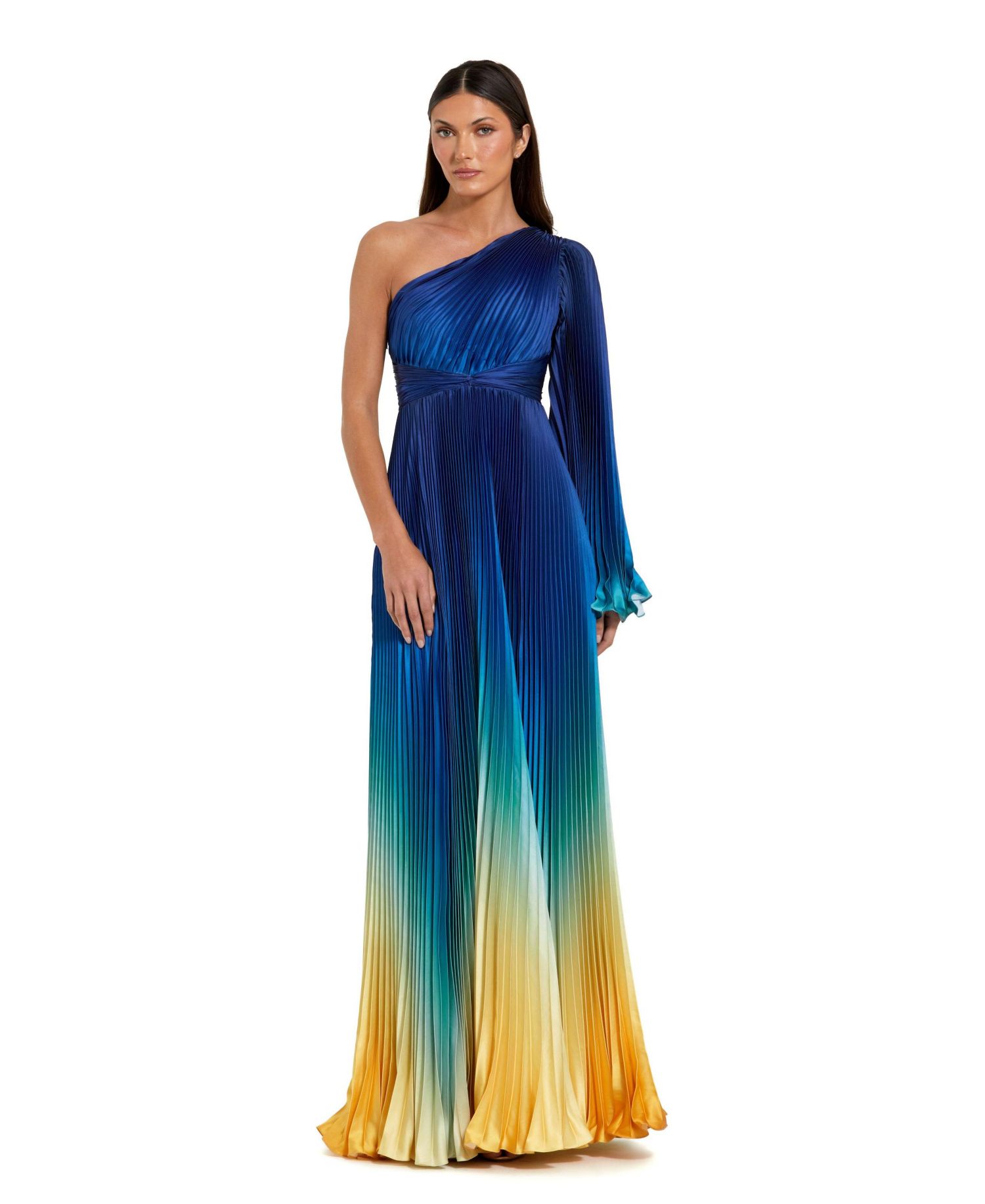 Women's Pleated Charmeuse One Long Flare Sleeve Gown