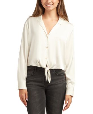 Juniors Long-Sleeve Tie-Hem Long-Sleeve  Satin Top