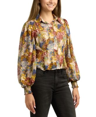 Juniors Printed Long-Bubble-Sleeve Button-Front Top