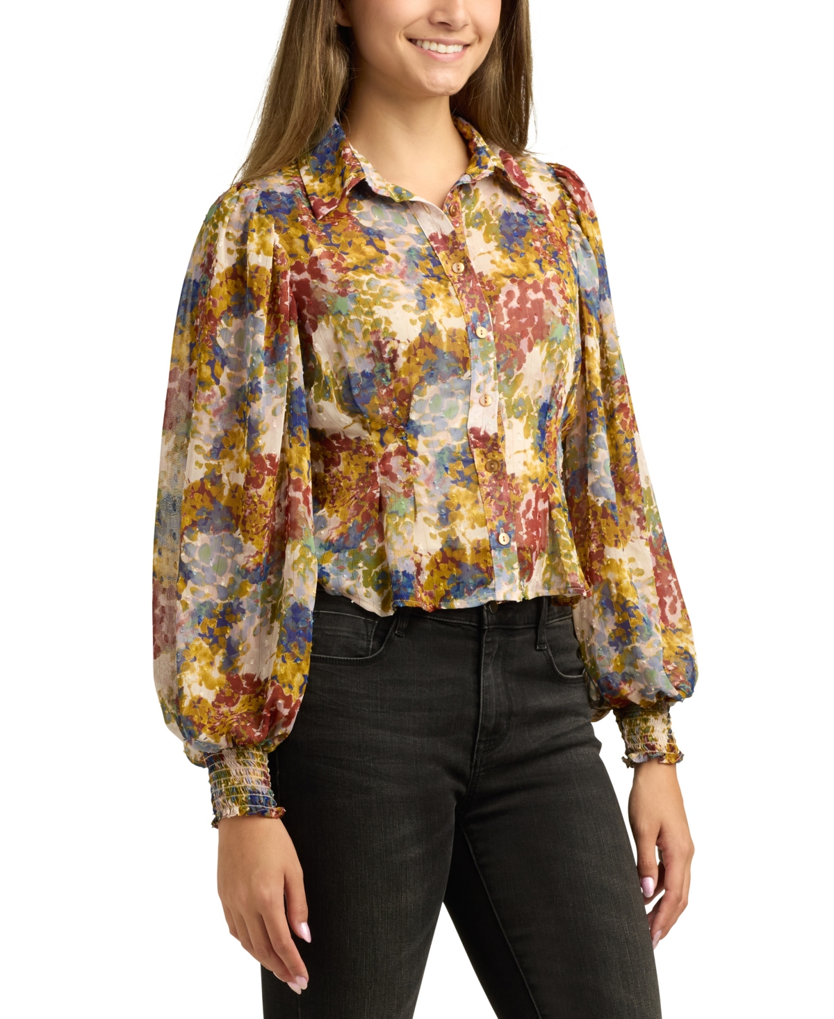 Bcx Juniors Printed Long-bubble-sleeve Button-front Top In Multi